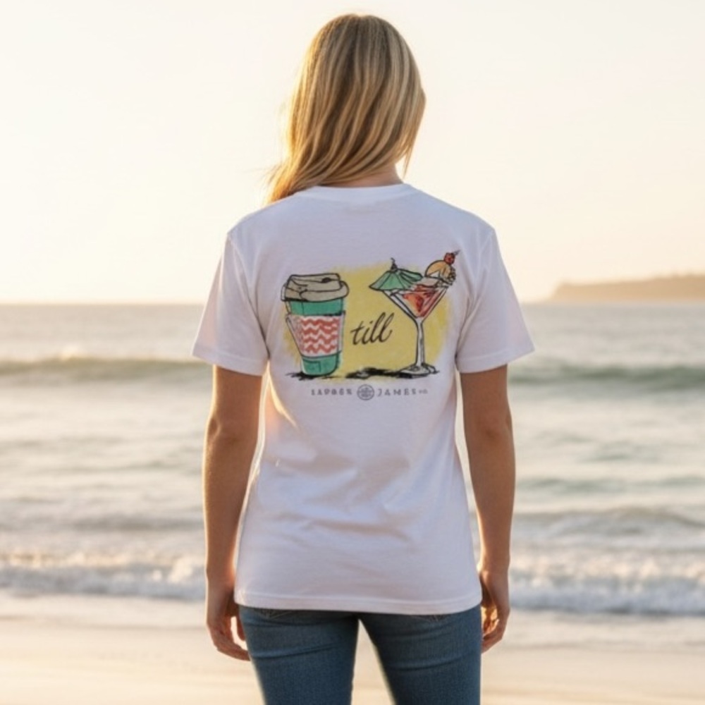 Lauren James Coffee till Cocktails White Pocket Graphic Tee
